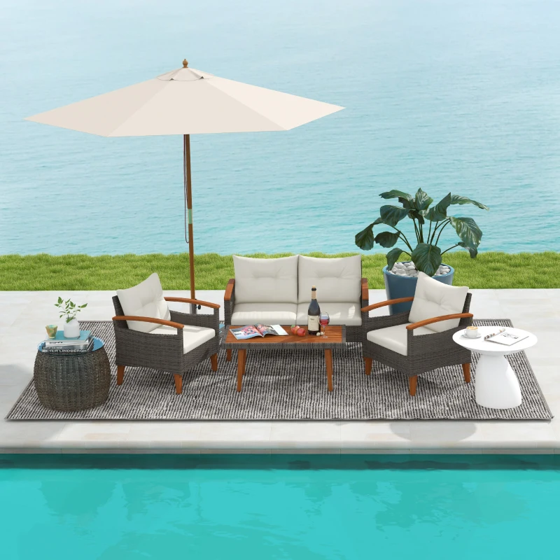 Outsunny Ensemble salon de jardin 4 pièces en rotin PE canapé 2 places 2 fauteuils coussins et plateau en bois d'acacia crème