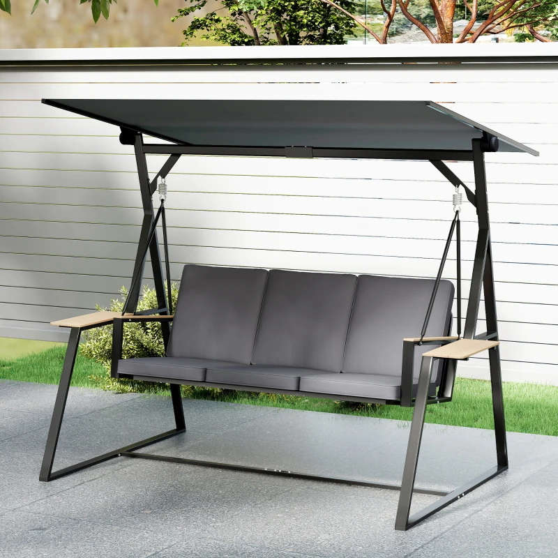 Outsunny Baloiço de Jardim de 3 Lugares com Teto Ajustável UPF50+ 2 Bandejas Almofadas e Estrutura em Metal 222x131x175 cm Cinza