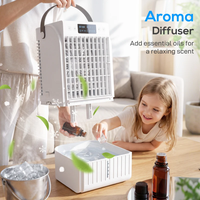 HOMCOM Portable Air Conditioner, 4-in-1 Mini Air Cooler with 4 Wind Speed, 2 Cool Mist, RGB 7 LED Light, White