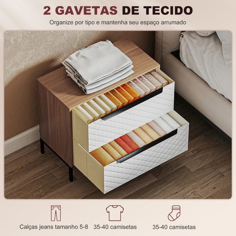 HOMCOM Cómoda com 2 Gavetas de Tecido Frentes com Padrão de Diamante Móvel de Arrumação 59,5x30x54 cm Madeira e Branco