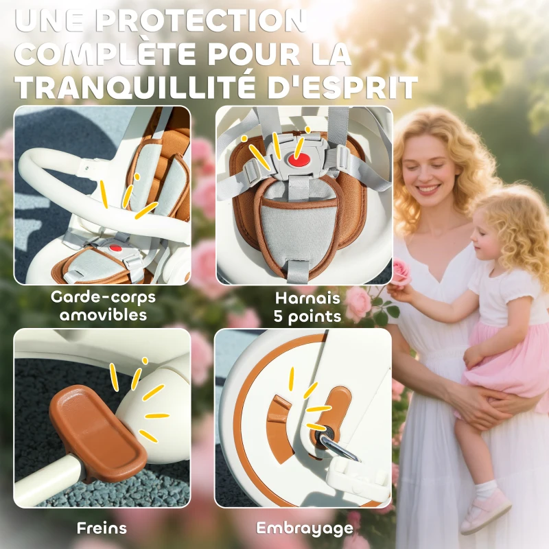 AIYAPLAY Tricycle bébé évolutif 5 en 1, tricycle enfant pliable avec poignée réglable, capote amovible, pour 1-3 ans, crème