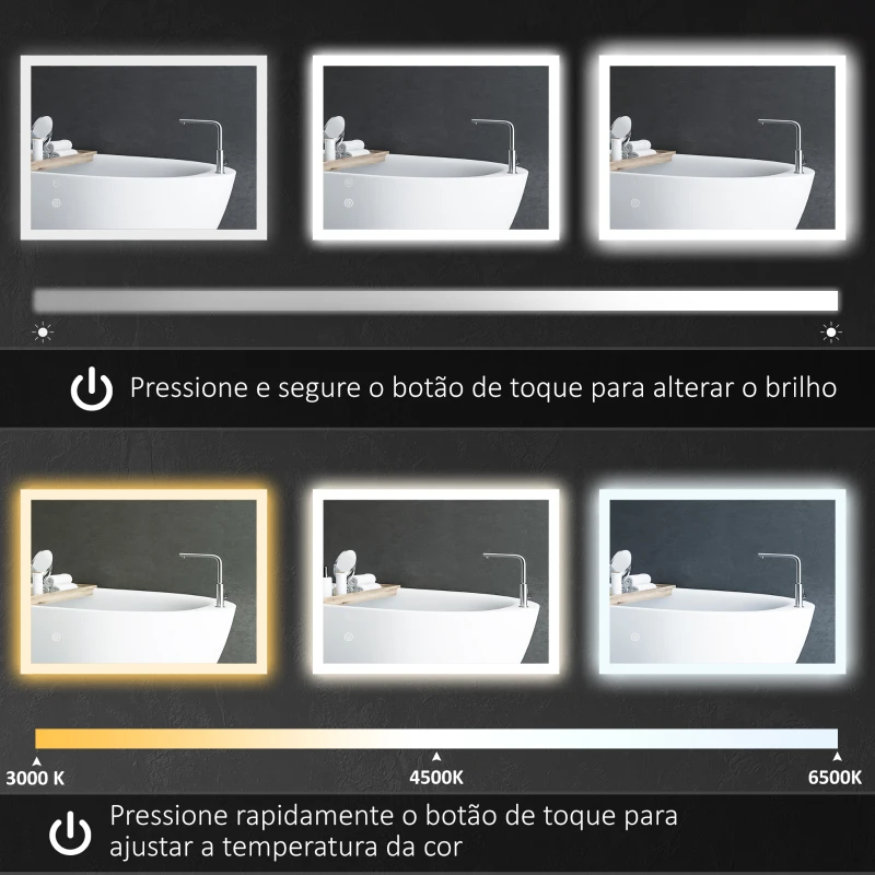 kleankin Espelho Casa de Banho com Luzes LED 80x60 cm Função Antiembaciamento 3 Cores Função de Memória e Interruptor Tátil Prata