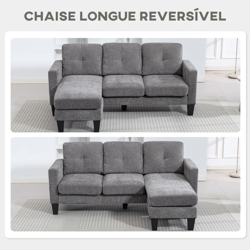 HOMCOM Sofá Chaise Longue Sofá em Forma de L Estofado em Poliéster Sofá de Canto Reversível 186x130x84 cm Cinzento Escuro