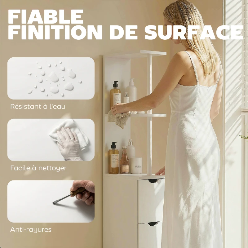HOMCOM Meuble colonne salle de bain armoire de salle de bain avec tiroirs étagères ouvertes placard 15 x 33 x 136,8 cm blanc