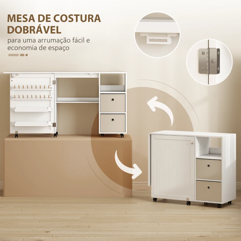 HOMCOM Mesa de Costura Dobrável com 6 Rodas Móvel para Máquina de Costura com 18 Pinos para Linhas 2 Gavetas 146,4x40x77,5 cm Branco