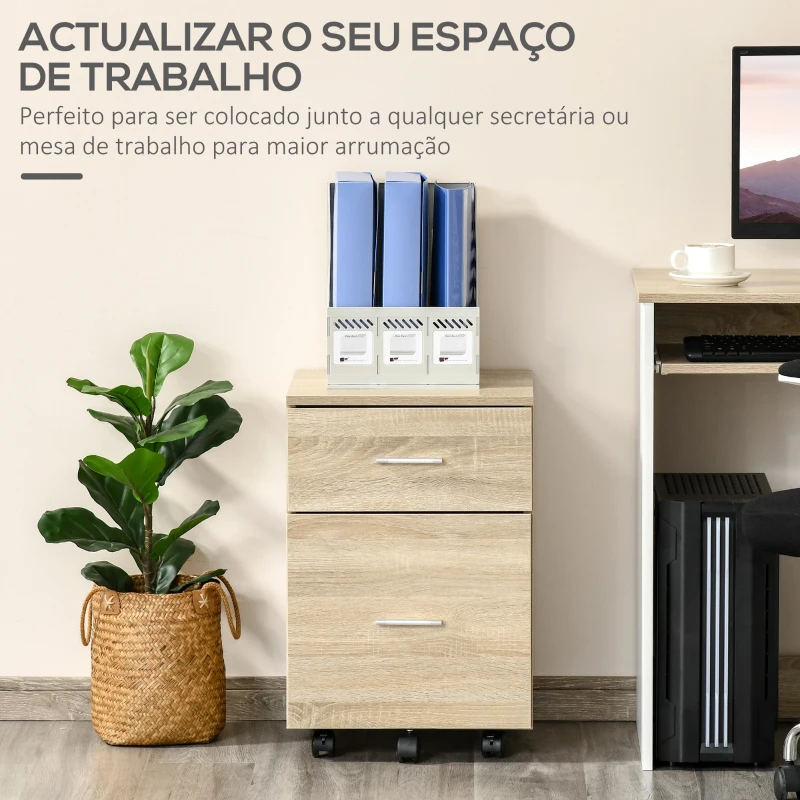 HOMCOM Bloco de Gaveta para Escritório com 2 Compartimentos com Rodas Arquivador Móvel para Arquivos A4 ou Documentos 39,5x39x58,5 cm Carvalho