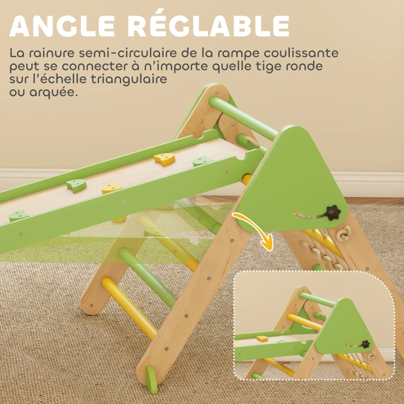 AIYAPLAY Triangle d'escalade enfants 8 en 1 avec rampe double face, arc d'escalade en bois avec toboggan & échelle, vert