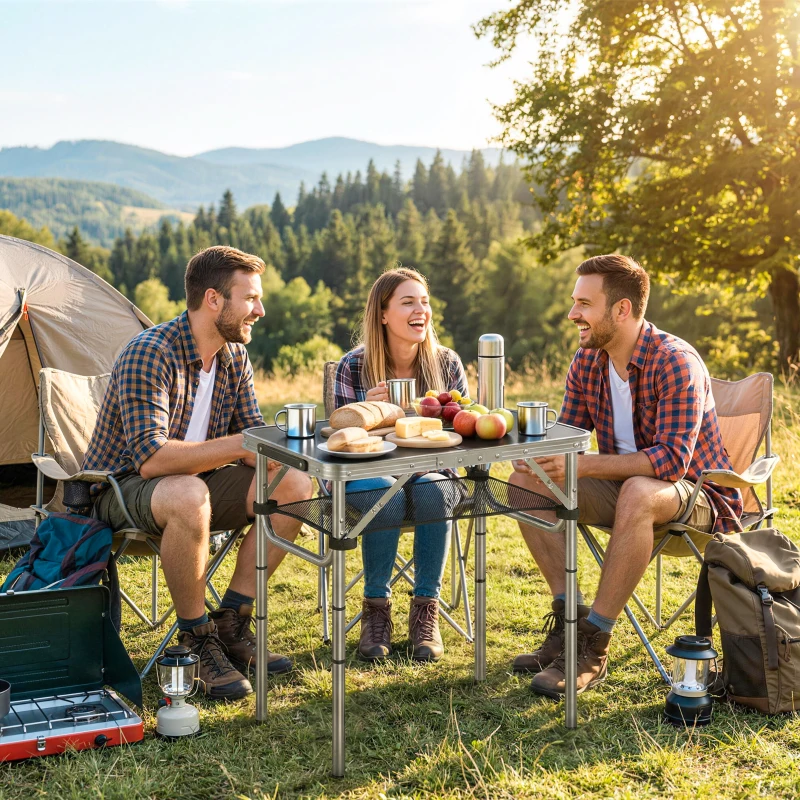 Outsunny Table pliante aluminium, table de camping pliante, poignée 4 hauteurs réglables avec Rangement 60x40x60cm, blanc