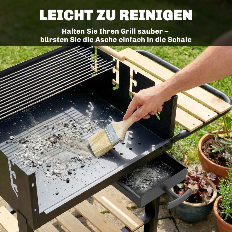 Outsunny Holzkohlegrill Grillwagen mit 4-fach höhenverstellbarer Grillrost 2 Holzablage 2 Räder Aschebehälter 99,5 x 58 x 82 cm