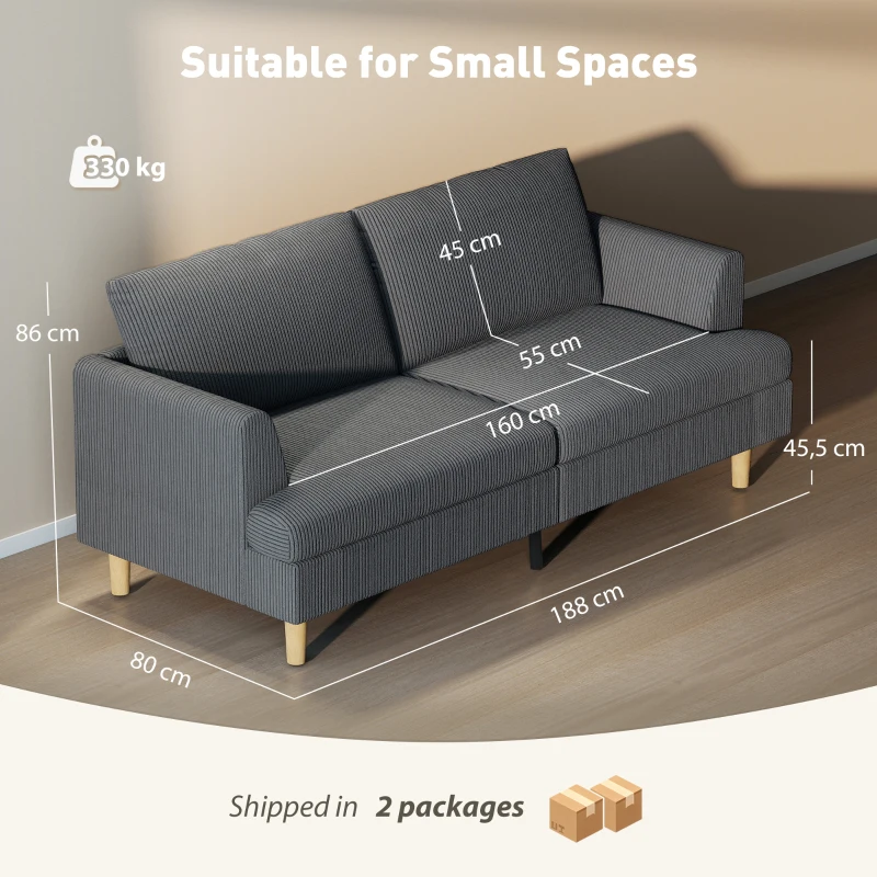 HOMCOM Sofá de 3 Lugares Revestido em Veludo Almofadas Espessas com Molas Assento Largo 2 Almofadas 188x80x86 cm Cinzento Escuro