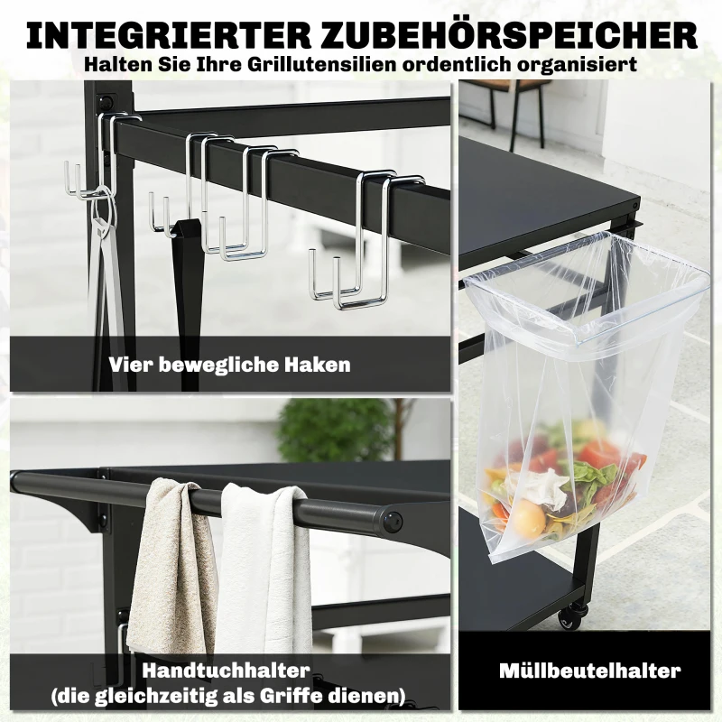 Outsunny Küchenwagen mit Rollen, 2-stöckiger Servierwagen mit Müllbeutelhalter, Haken, Griffe, 113 x 50,5 x 88 cm Schwarz