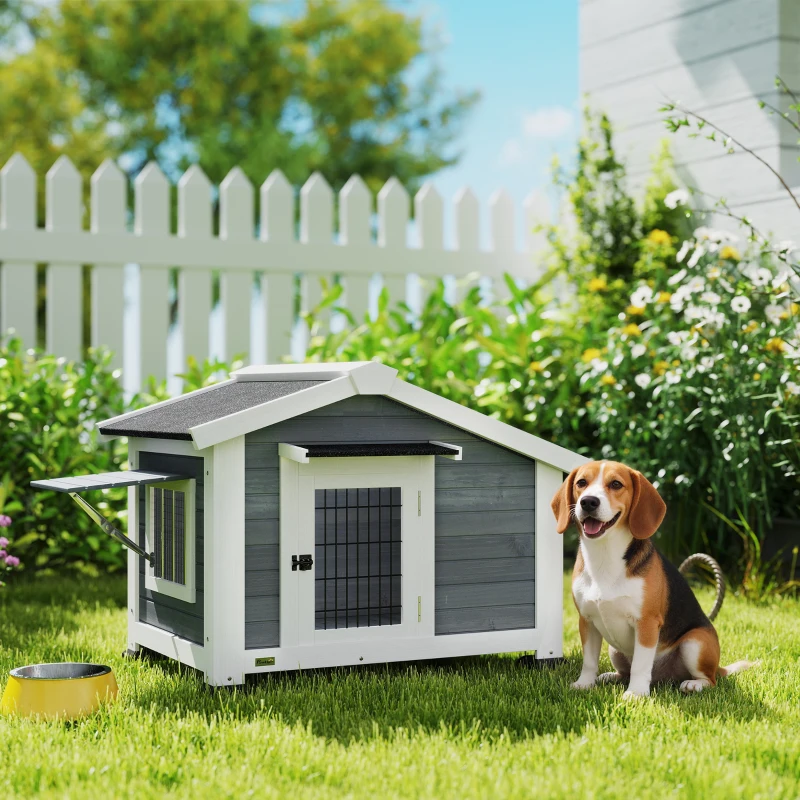 PawHut Niche pour Chien Extérieur Abri Jardin Surélevé Plancher Amovible Auvent de Porte et Toit Imperméable 98x76x69,5cm Gris