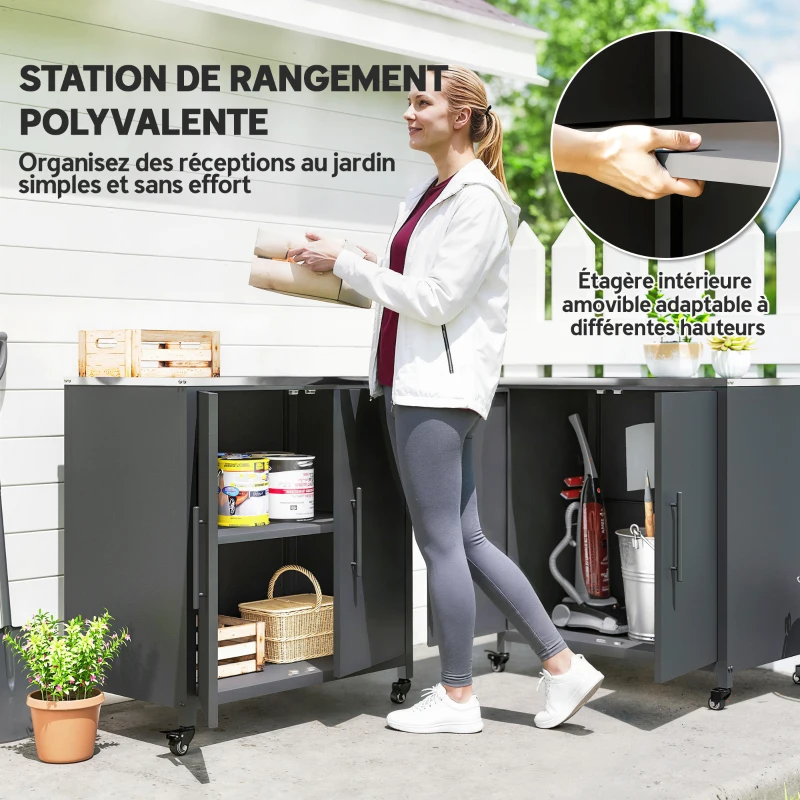 Outsunny Armoire de jardin en Métal, Armoire de Rangement Extérieur, Toit en Acier Inoxydable et Roulettes, Noir