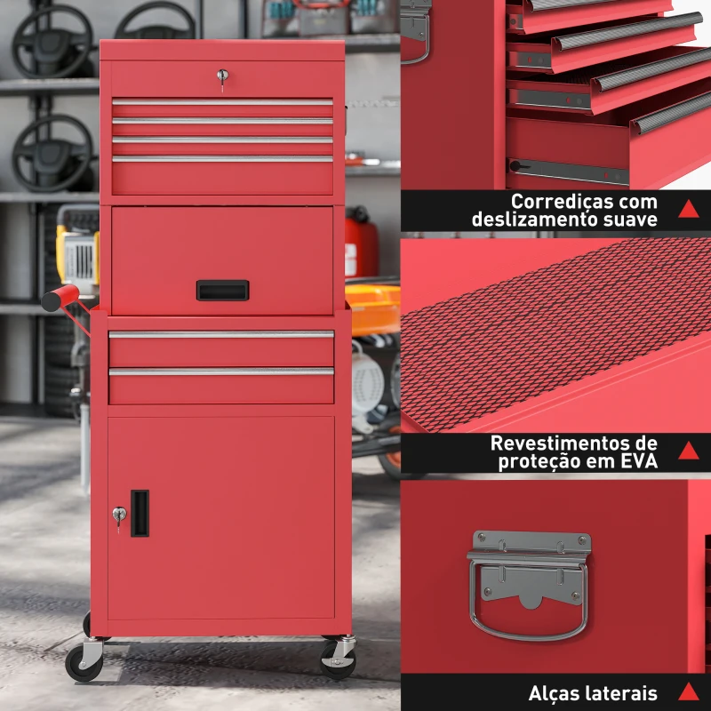 HOMCOM Carrinho de Ferramentas com 6 Gavetas Rodas Painel Lateral Perfurado e Caixa de Ferramentas Desmontável 60,5x33,5x131 cm Vermelho