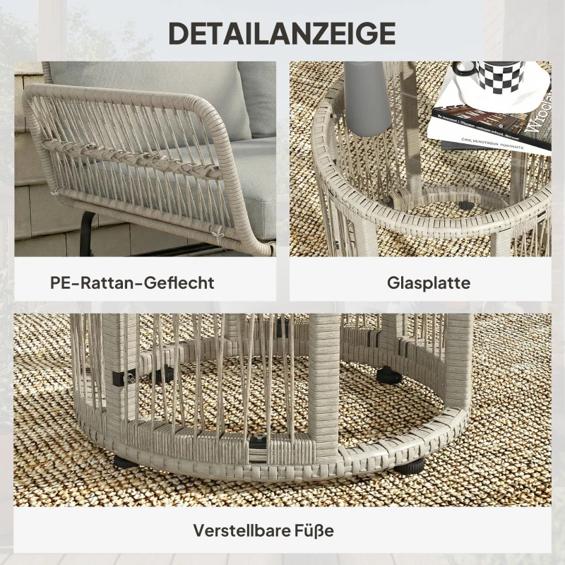 Outsunny Polyrattan Gartenmöbel Set 3-teilig, Lounge Set mit Chaiselongue Zweisitzersofa Glastisch abnehmbar Kissen