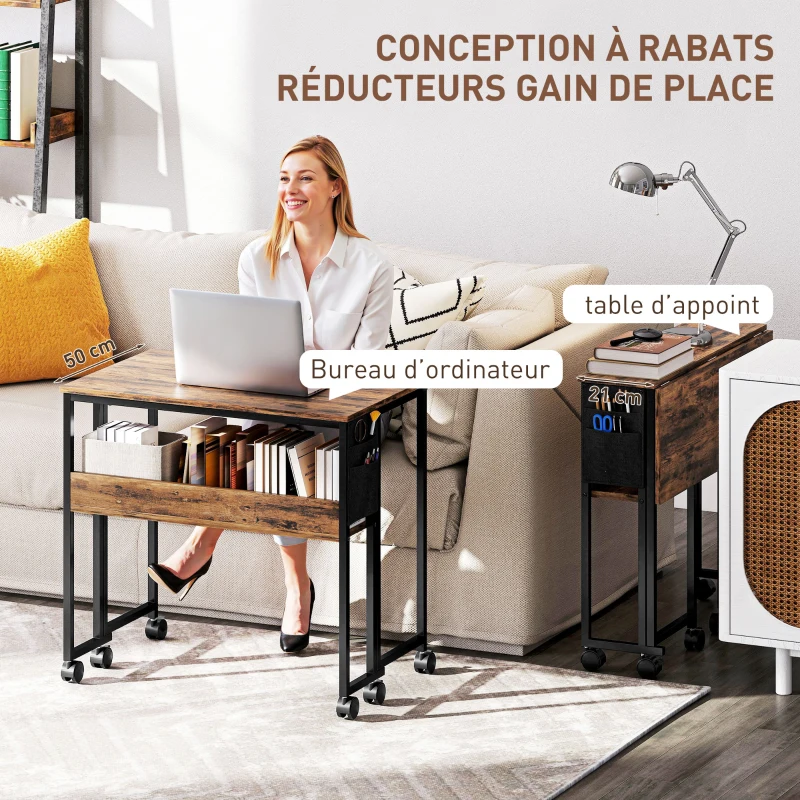 HOMCOM Bureau pliable sur roulettes 80 x 50 cm avec étagère et sac de rangement, brun rustique