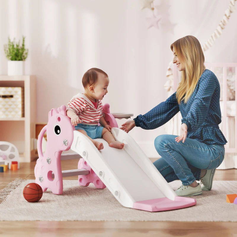 AIYAPLAY 3-in-1 glijbaan voor kinderen, giraffenvorm, basketbalring, bal, Roze