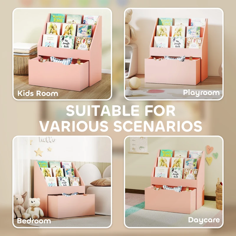 AIYAPLAY Bookcase for Kids with Shelves, Drawer, Bookcase for Bedroom, Playroom, Pink