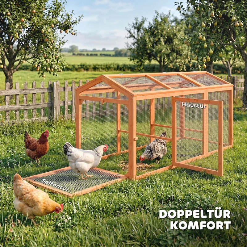 PawHut Hühnerstall Freilaufgehege mit Sitzstange Doppeltüren, aus Holz und Metall, für 4 Hühner, 156 x 70,5 x 84 cm Orange
