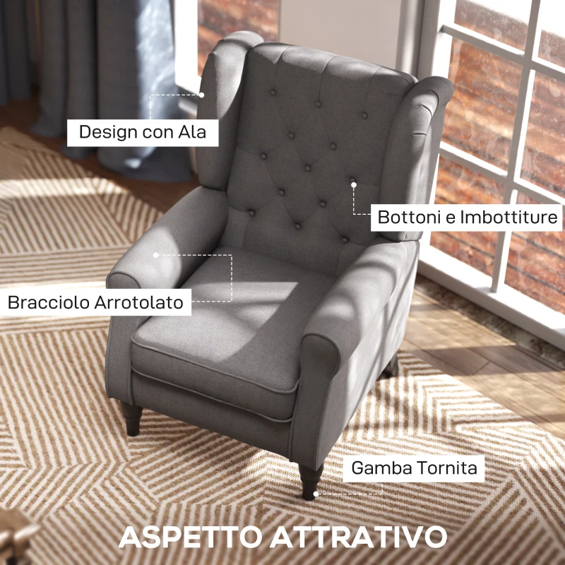 HOMCOM Poltrona da Salotto Stile Francese con Gambe in Legno e Cuscini Sfoderabili, 74x86x102 cm, Grigio