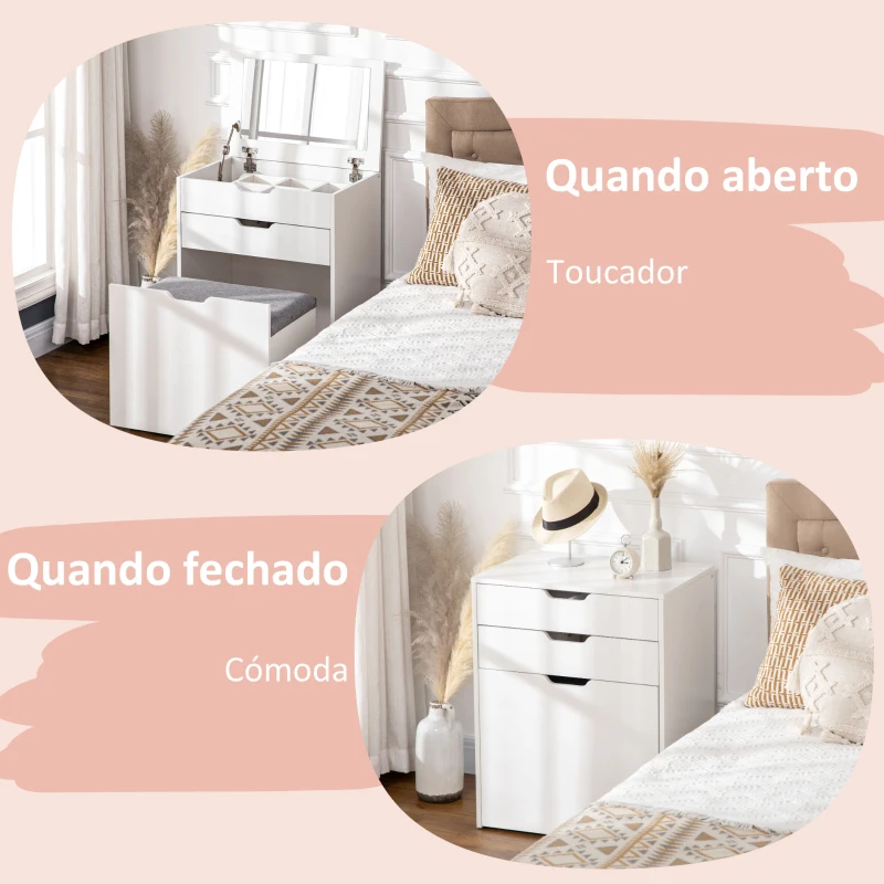 HOMCOM Toucador com Banco Oculto e Espelho Rebatível Mesa de Maquilhagem com Gaveta e 7 Compartimentos Banco Acolchoado Branco