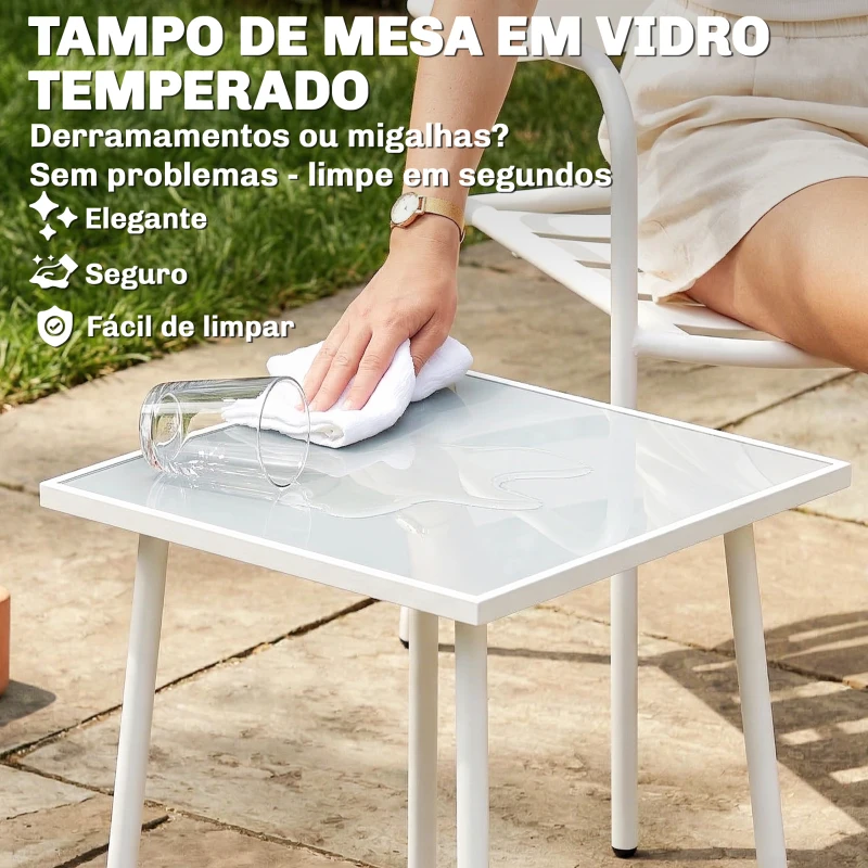 Outsunny Conjunto de Jardim com 3 Peças em Aço Galvanizado com 2 Cadeiras e Mesa de Vidro Temperado Branco