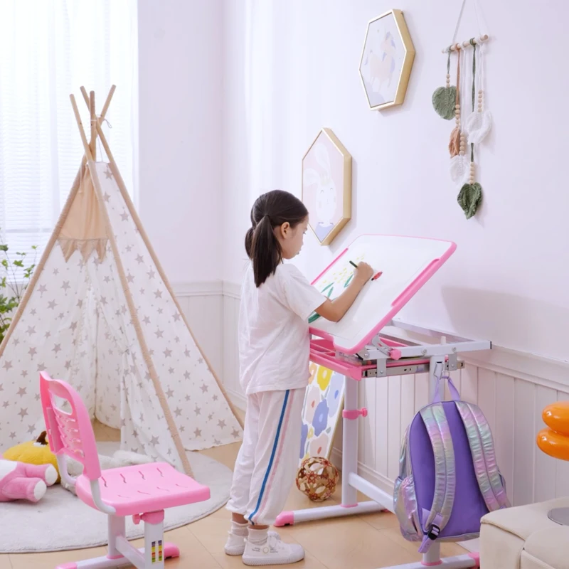 HOMCOM Kids Desk and Chair Set, Student Adjustable Writing Desk, with Drawer, Pen Slot, Hook - Pink