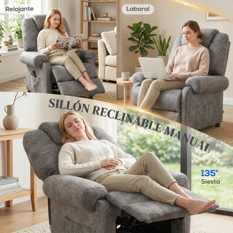 HOMCOM Sillón Relax Reclinable Manual hasta 135º con Reposabrazos Reposapiés Acolchado Grueso Gris