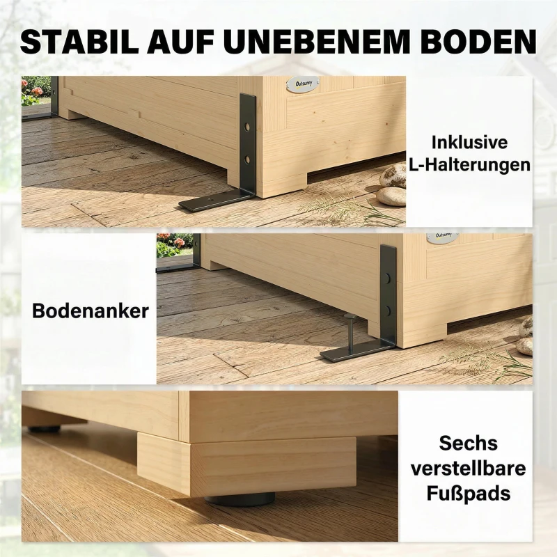 Outsunny Houten Tuinschuur Inloop Gereedschapsschuur met Planken Acrylramen Dubbele Deur Asfalt Dak Lamellenventilatie Bodemplaat