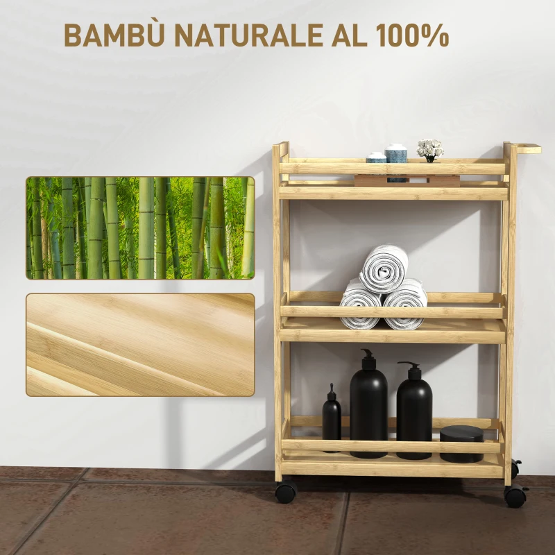 HOMCOM Carrello Portaoggetti per Bagno a 3 Livelli in Bambù, 55x20x75 cm, color Legno
