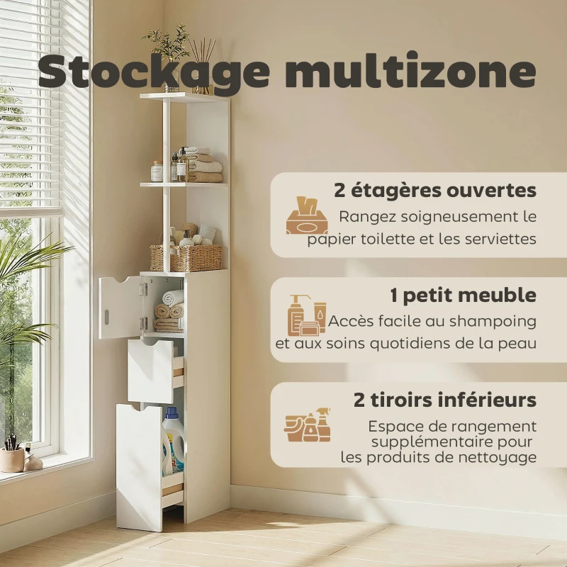 HOMCOM Meuble colonne salle de bain armoire de salle de bain avec tiroirs étagères ouvertes placard 15 x 33 x 136,8 cm blanc