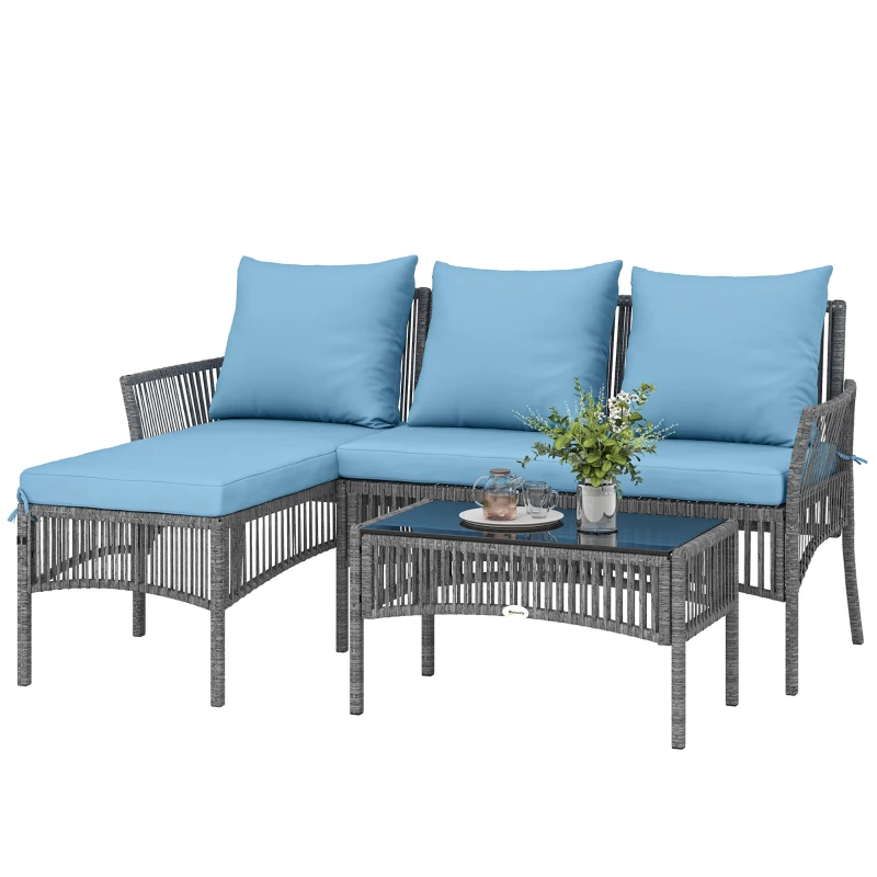Outsunny Conjunto de Jardim Exterior de Vime com Sofá de 2 Lugares, Chaise Longue e Mesa de Centro com Vidro Temperado Azul Claro