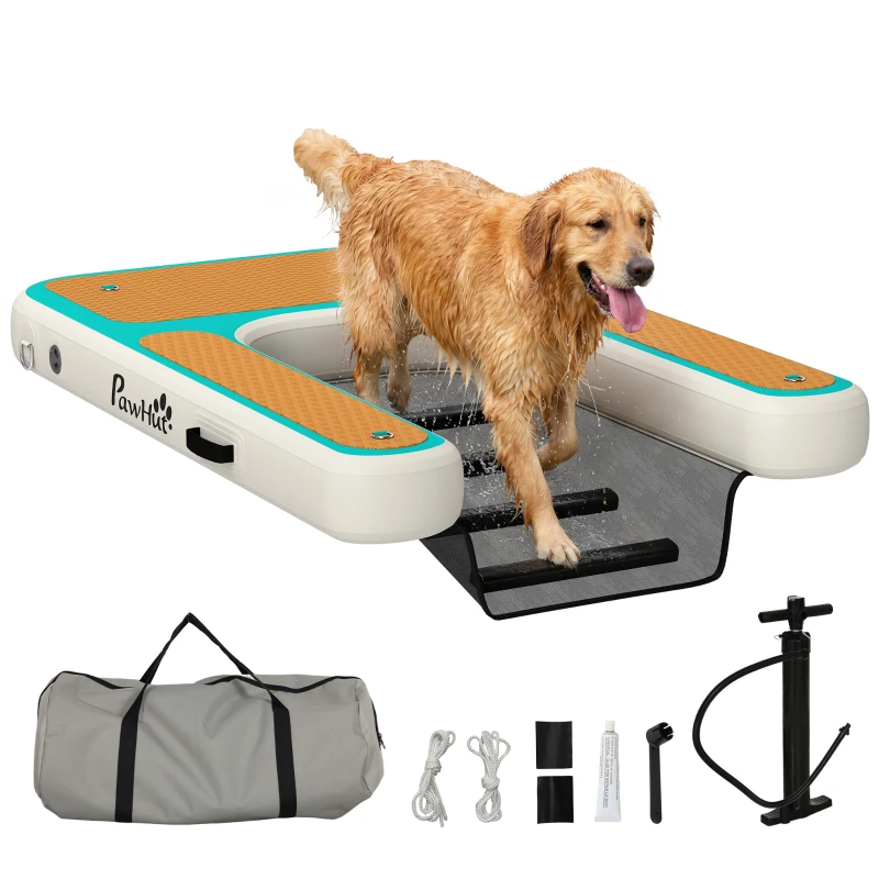 PawHut Rampă gonflabilă pentru câini Rampă pentru piscină 151x102 cm Barcă portabilă pentru câini cu suprafață EVA antiderapantă Portocaliu