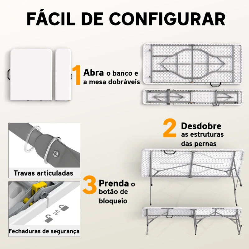 Outsunny Conjunto de Campismo Dobrável com Mesa e Bancos Alças 180x74x74 cm e 182x28x42 cm Branco
