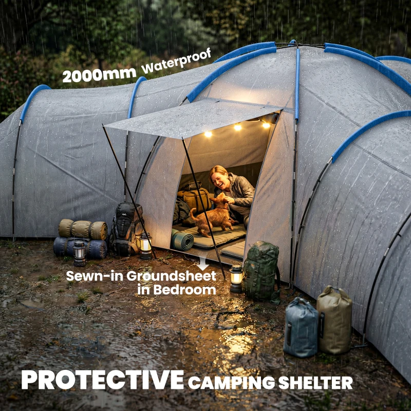 Outsunny 6-9 Man Large Tunnel Tent with 3 Bedrooms, Living Area and Porch, Stand-up Camping Tent, Portable with Bag, Light Grey
