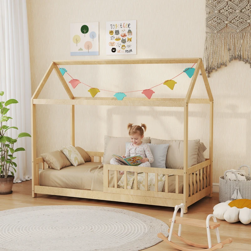 HOMCOM House-Shaped Kids Bed Frame with Guard Rails, Solid Pine Wood Single Bed Frame for Kids Boys and Girls, Natural