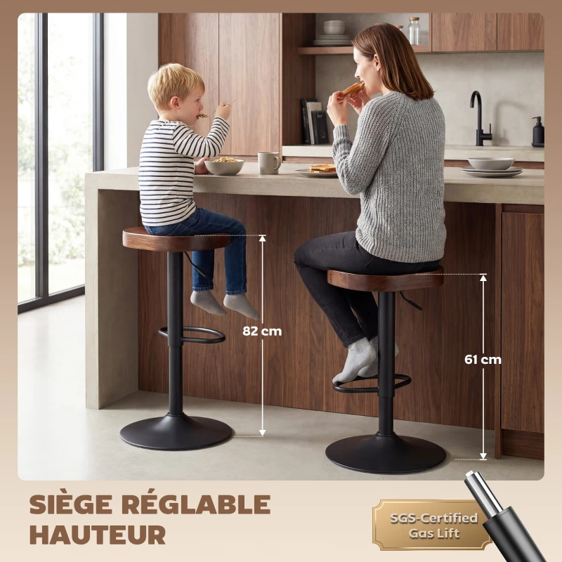 HOMCOM Tabourets de Bar Lot de 2 Réglables Pivotants Chaises de Cuisine avec Siège en Bois d'Orme Marron Foncé