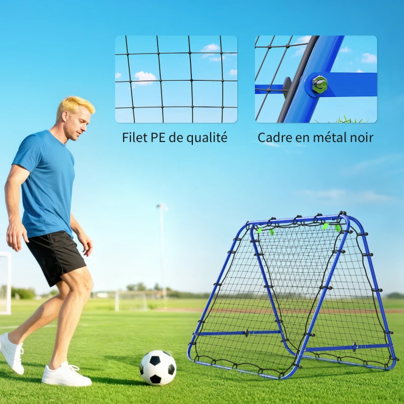 HOMCOM Filet de rebond double face 91 x 91 cm filet de rebond football pliable réglable dans 5 angles structure en acier bleu