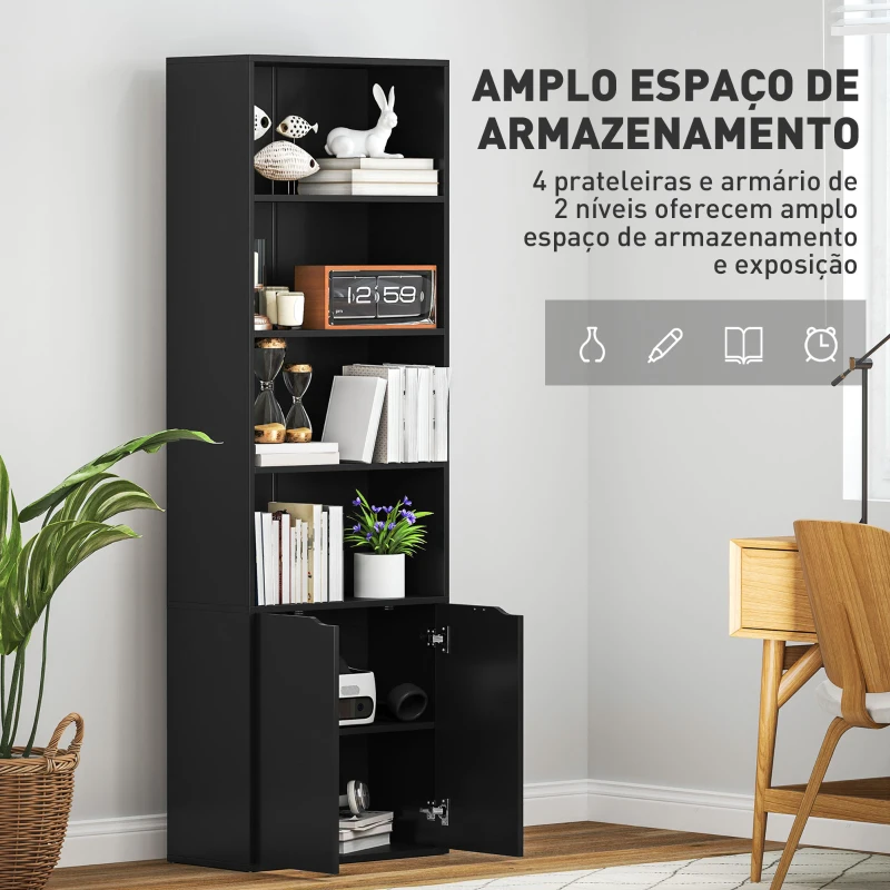 HOMCOM Estante para Livros de 6 Níveis Portas e 4 Prateleiras Abertas para Sala Escritório 59x29x180 cm Preto