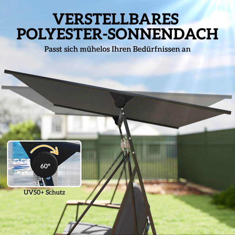 Outsunny 3-Sitzer Gartenschaukel mit verstellbarem Dach, Kissen und Getränkeablagen, 360 kg Tragkraft, Grau