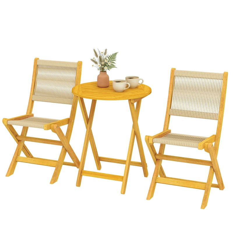 Outsunny Balkonmöbel Set 3 teilig Polyrattan Holz klappbar Gartenmöbel Set mit Tisch 2 Stühle, Atmungsaktiv