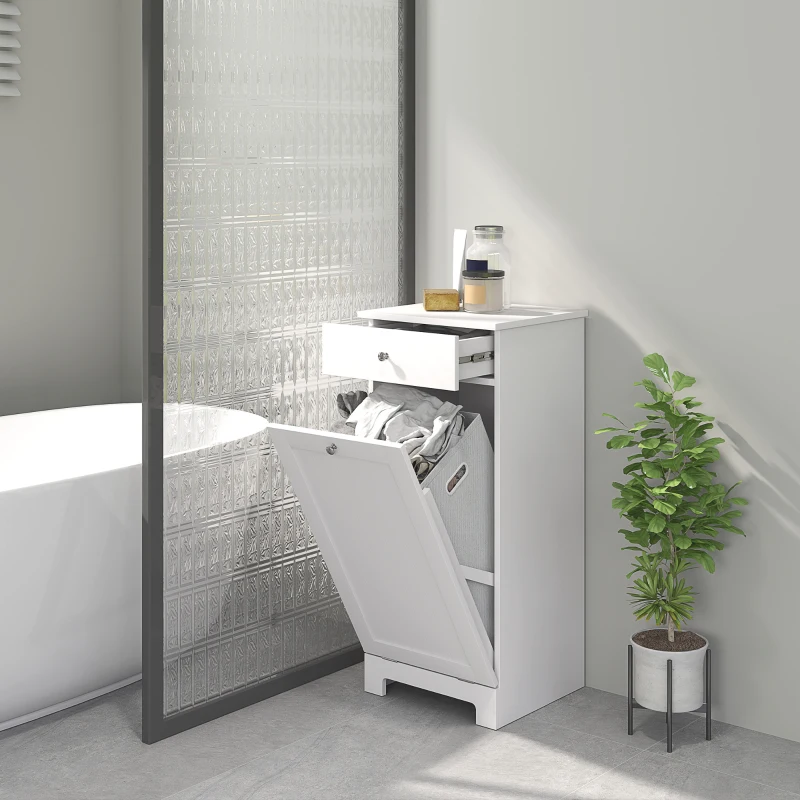HOMCOM Armário de Casa de Banho com Cesto de Roupa Suja Basculante Móvel para Roupa Suja com Saco de Tecido Dobrável e Gaveta Branco 40x38x90 cm
