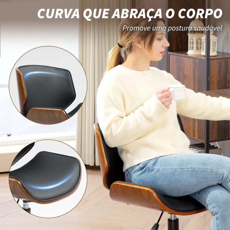 HOMCOM Cadeira de Escritório sem Braços Cadeira de Secretária Vintage Giratória Estofada em PU Altura Ajustável 52x54x74-84 cm Preto e Madeira