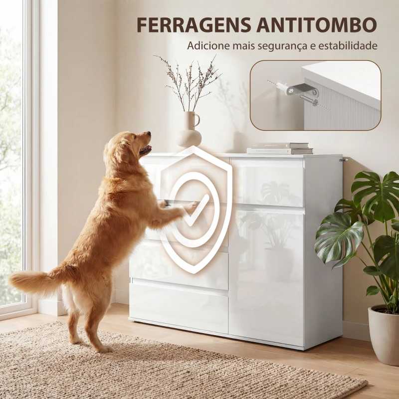 HOMCOM Aparador de Sala com 5 Gavetas Prateleiras Ajustáveis e Porta com Fecho Suave 100x40x80 cm Branco Brilhante