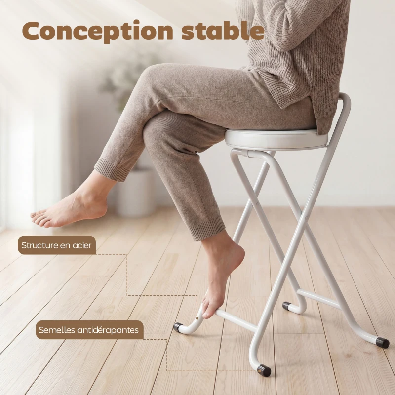 HOMCOM Tabourets de Bar Pliants Lot de 2, sans Assemblage, Chaises de Bar, Assise Rembourré 63H cm, Cadre en Acier, Blanc