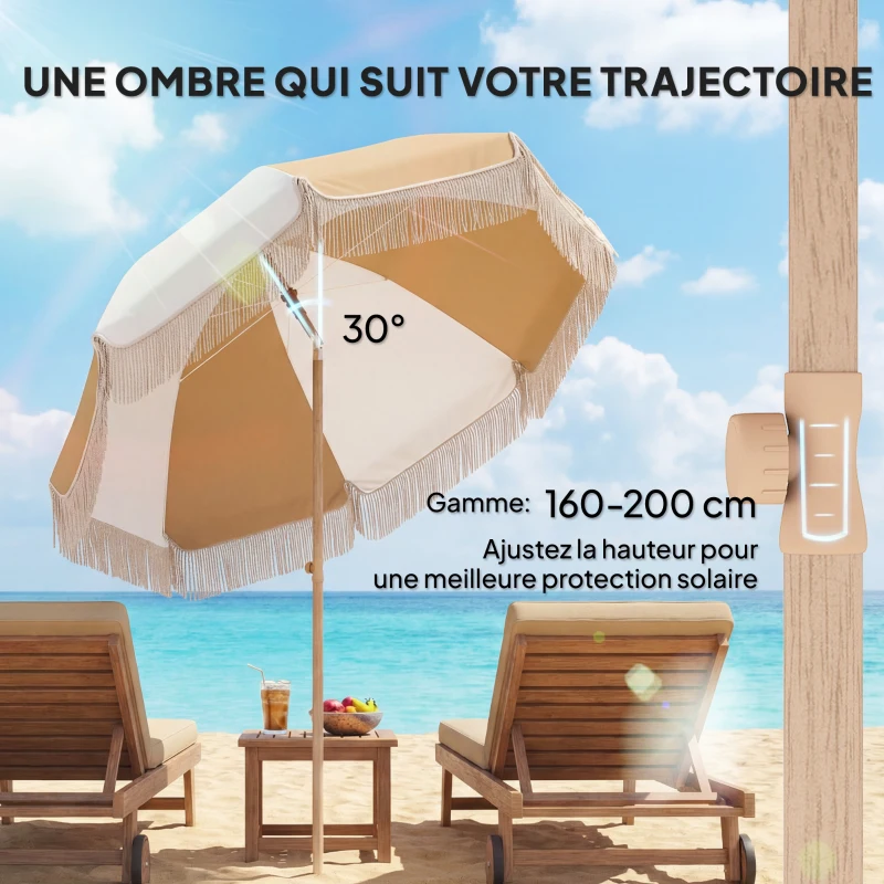 Outsunny Parasol de plage 1,7 m, parasol de jardin inclinable avec ancrage au sable, franges et hauteur réglable, blanc et beige