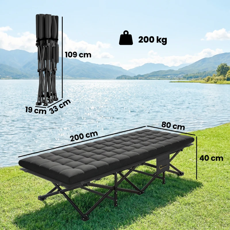 Outsunny Cama Plegable Camping con Colchón Extraíble de Tela Oxford 600D con Reposacabezas y Bolsa Carga 200 kg Negro