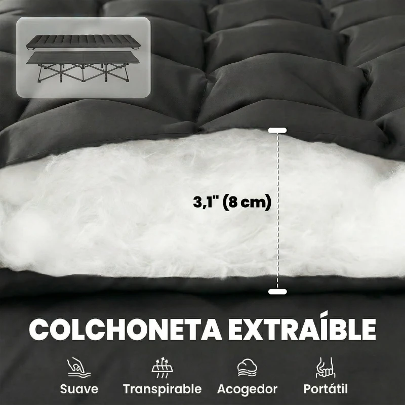 Outsunny Cama Plegable Camping con Colchón Extraíble de Tela Oxford 600D con Reposacabezas y Bolsa Carga 200 kg Negro
