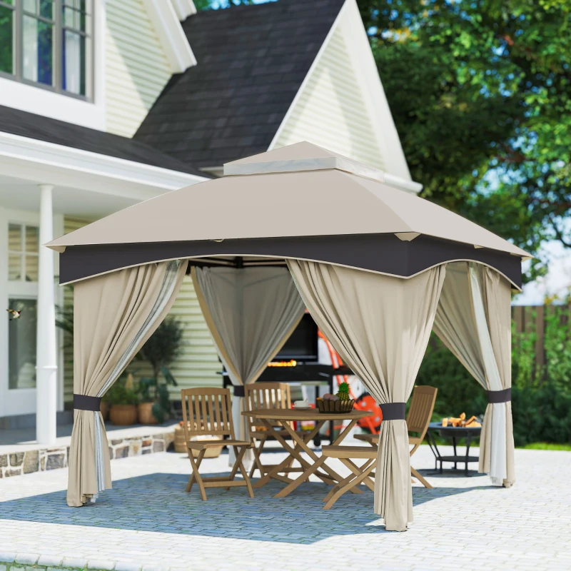 Outsunny Gazebo da Giardino 3x3m in Acciaio con Doppio Tettuccio e Tende, Beige e Grigio