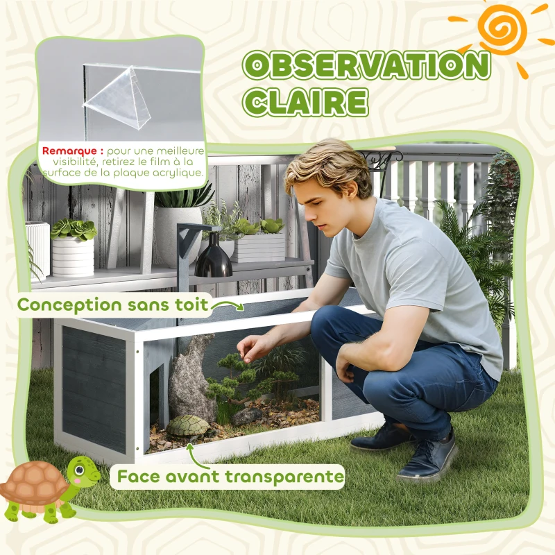 PawHut Maison pour tortues enclos avec toit ouvrant support lampe plateau fenêtre panoramique 120 x 50 x 40 cm gris(m-5)